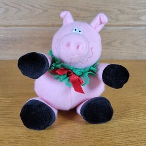 Heartline 1988 Yule Hog Pink Pig Plush Christmas Theme Stuffed Animal Vintage 8"